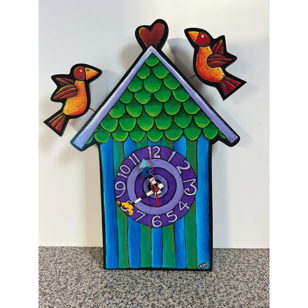 Birdhouse Clock Enesco Allen Sticks Wood Hand Painted Folk Art Colorful‎ Birds